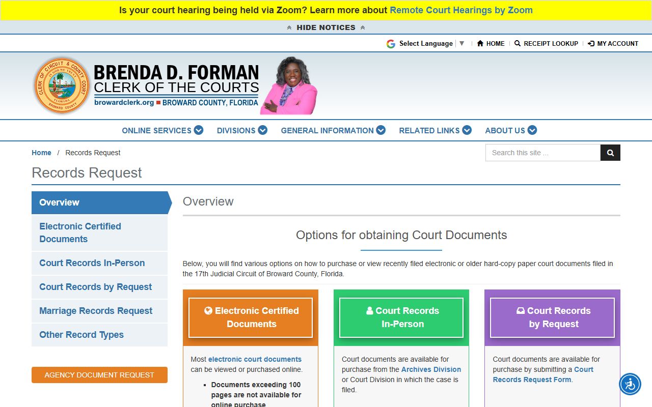 Broward County residents directory clerk of courts records request portal