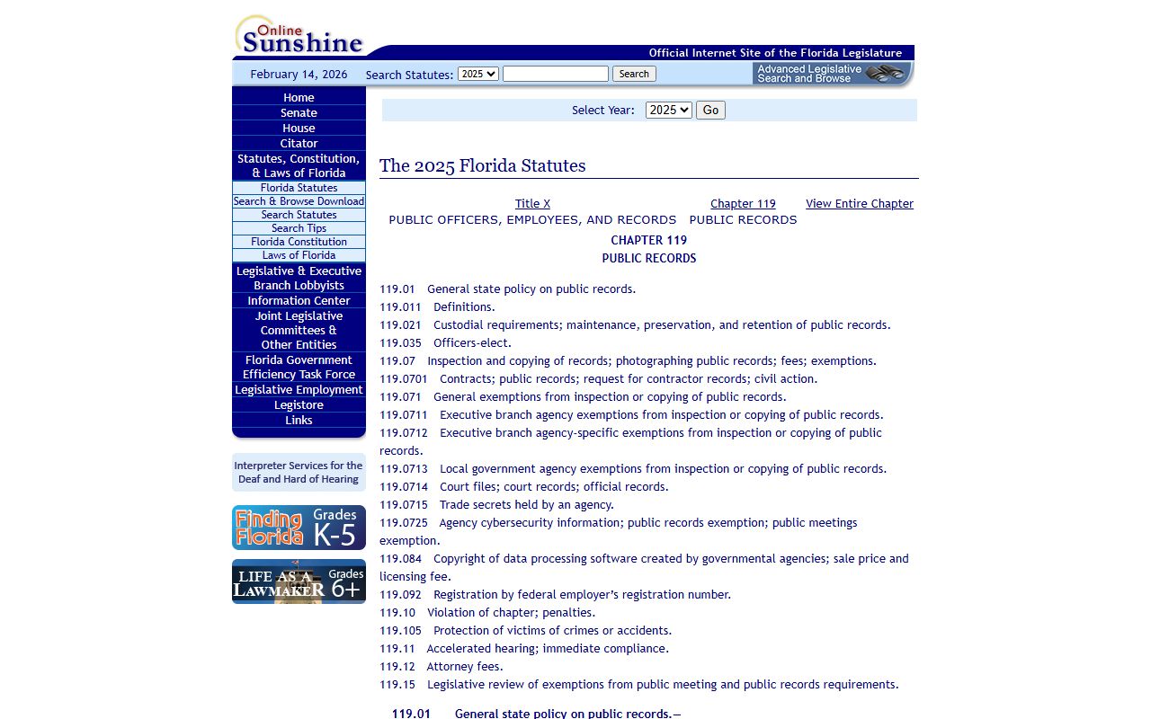 Florida residents directory public records statutes Chapter 119